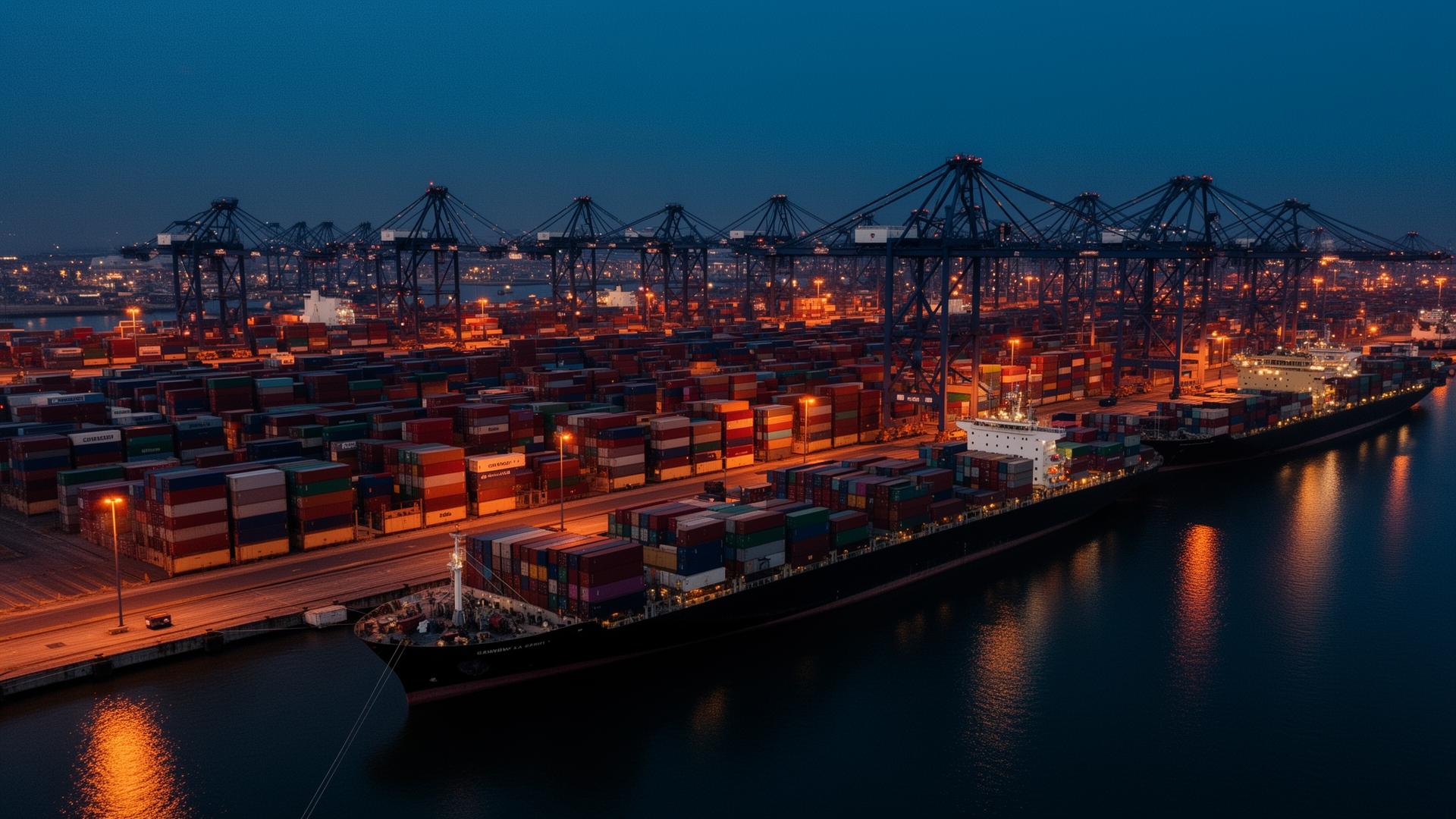 Aerial view of a busy global shipping port
